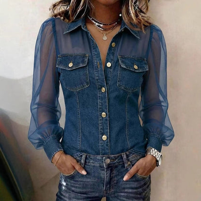 Camicetta da donna casual in denim patchwork con chiffon trasparente, tasca con bottone, maniche lunghe