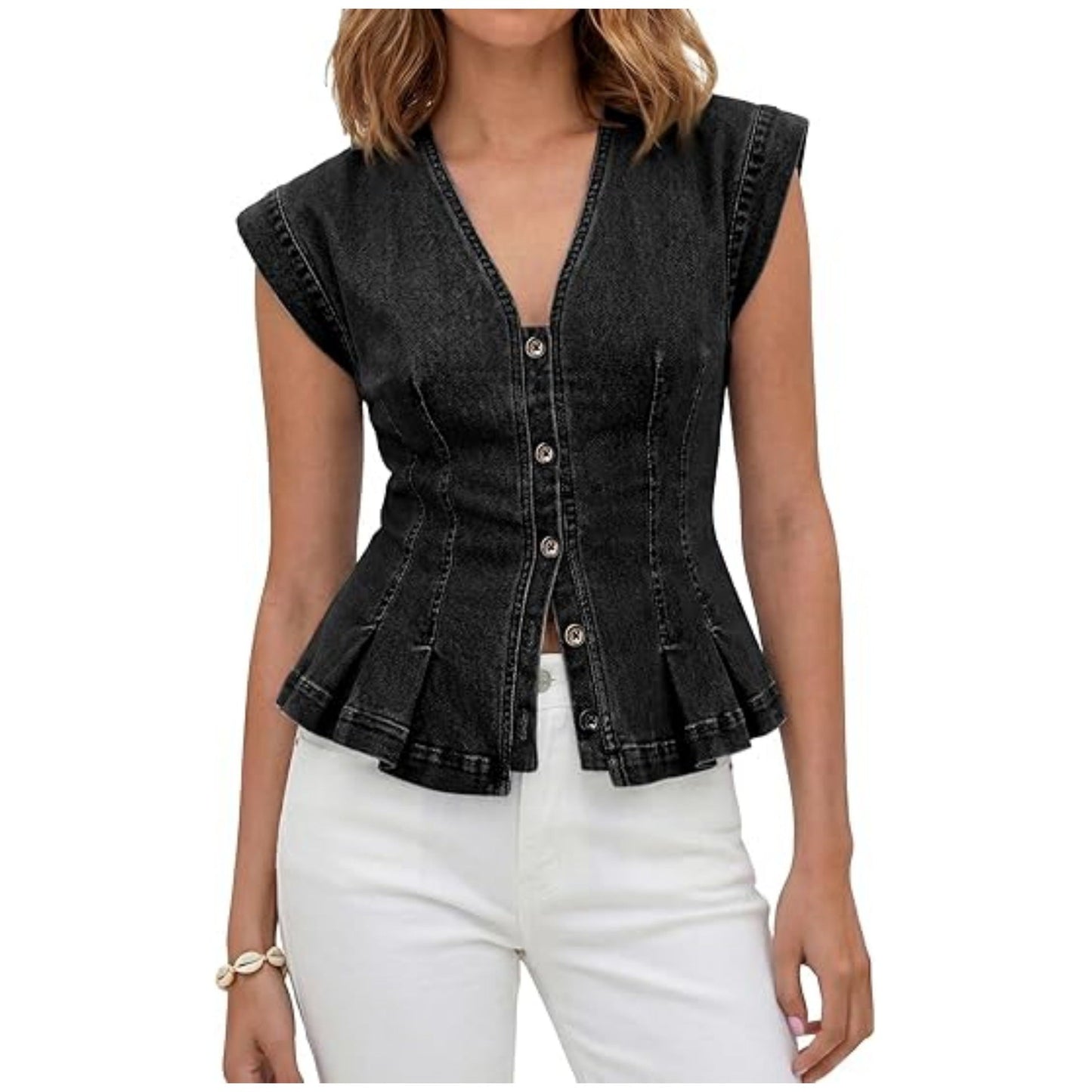 Top peplum in denim con scollo a V