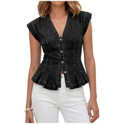 Top peplum in denim con scollo a V