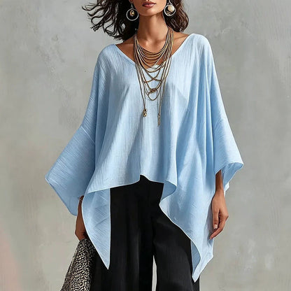 Top da donna in cotone-lino con scollo a V, maniche 3/4, taglio ampio e informale