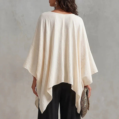 Top da donna in cotone-lino con scollo a V, maniche 3/4, taglio ampio e informale