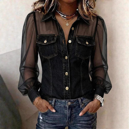 Camicetta da donna casual in denim patchwork con chiffon trasparente, tasca con bottone, maniche lunghe