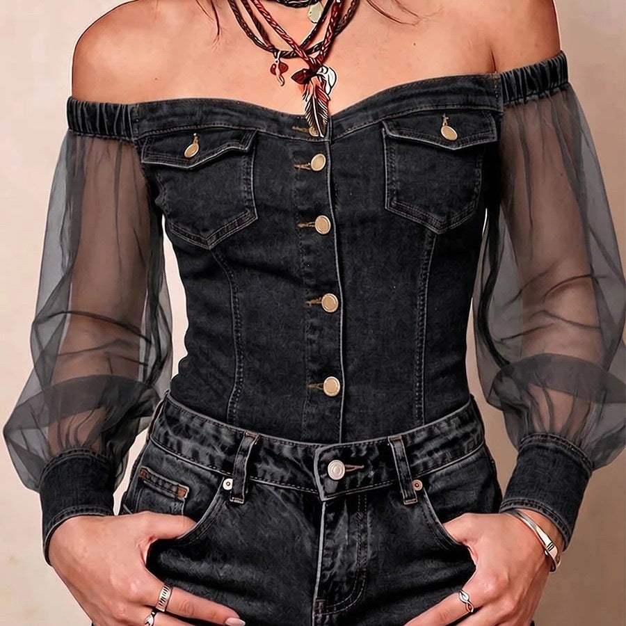 Top con spalle scoperte e maniche in rete denim