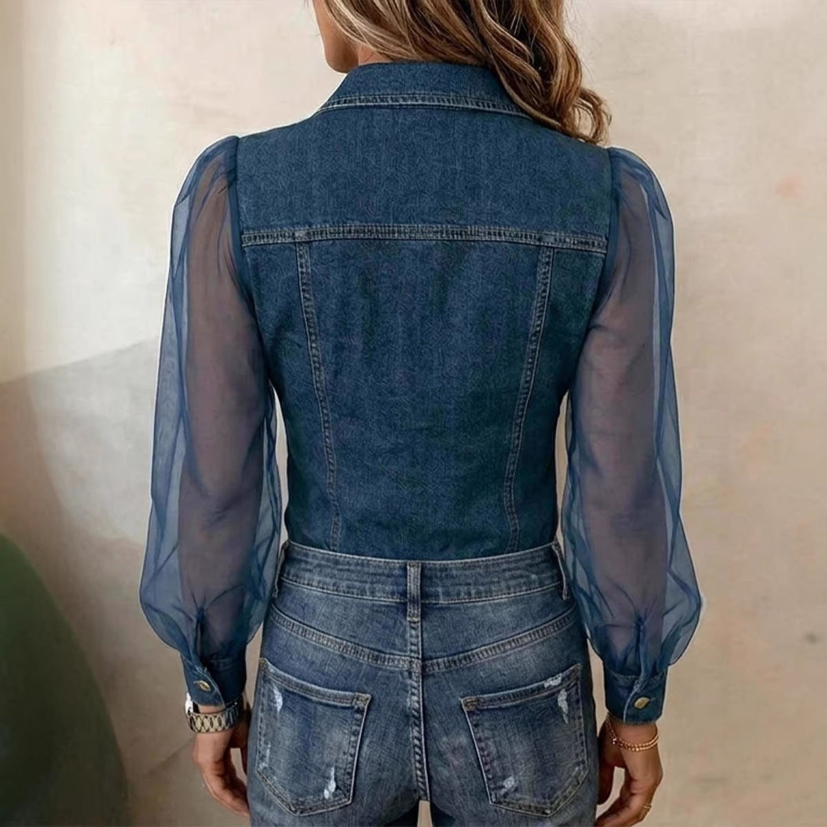 Camicetta da donna casual in denim patchwork con chiffon trasparente, tasca con bottone, maniche lunghe