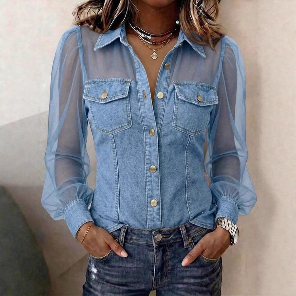 Camicetta da donna casual in denim patchwork con chiffon trasparente, tasca con bottone, maniche lunghe