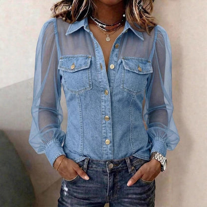 Camicetta da donna casual in denim patchwork con chiffon trasparente, tasca con bottone, maniche lunghe