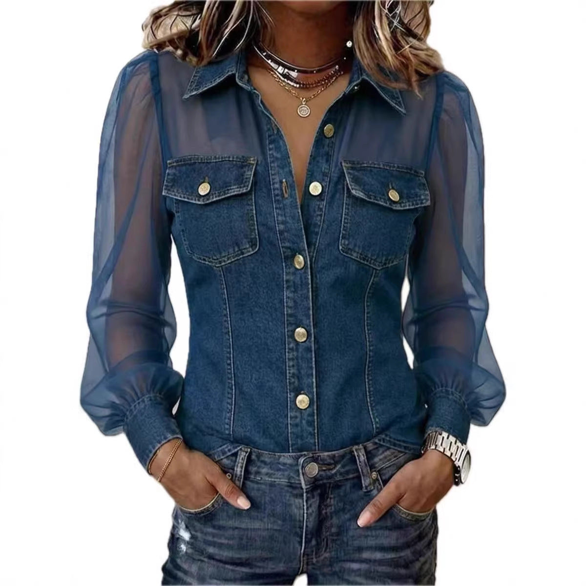 Camicetta da donna casual in denim patchwork con chiffon trasparente, tasca con bottone, maniche lunghe