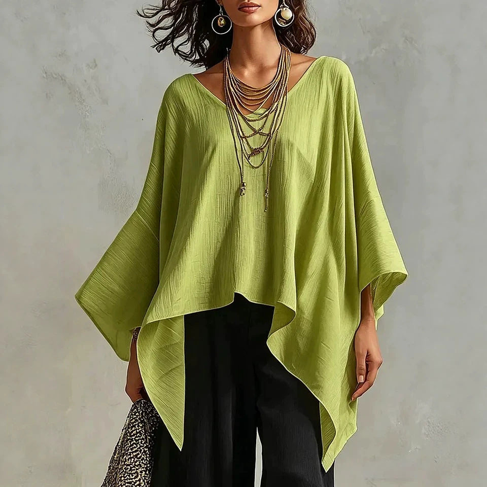 Top da donna in cotone-lino con scollo a V, maniche 3/4, taglio ampio e informale