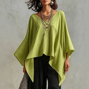 Top da donna in cotone-lino con scollo a V, maniche 3/4, taglio ampio e informale