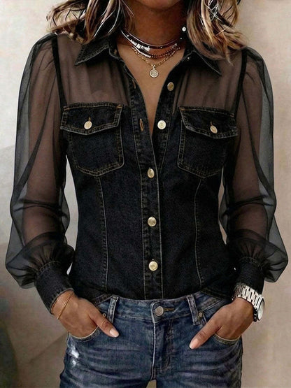 Camicetta da donna casual in denim patchwork con chiffon trasparente, tasca con bottone, maniche lunghe