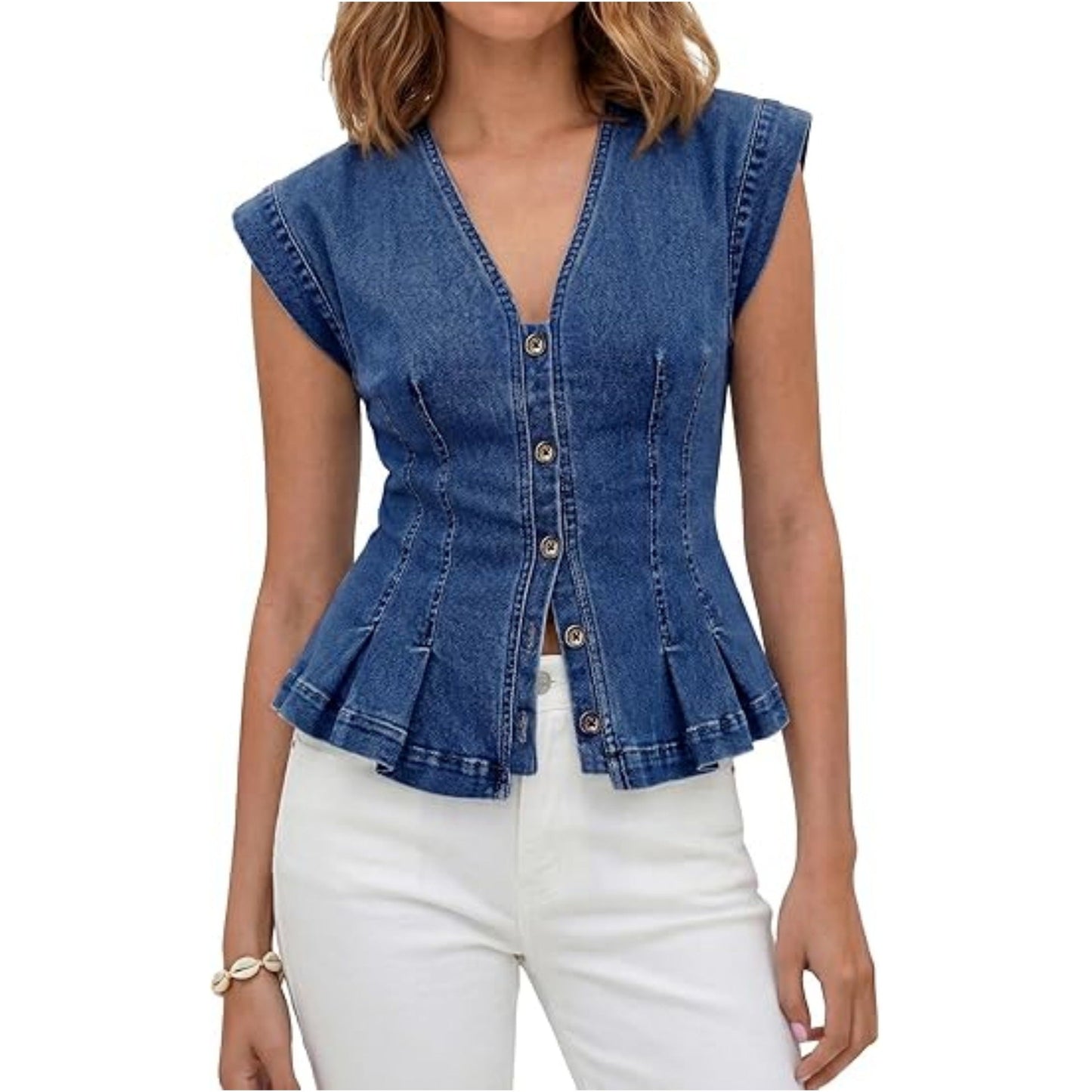 Top peplum in denim con scollo a V