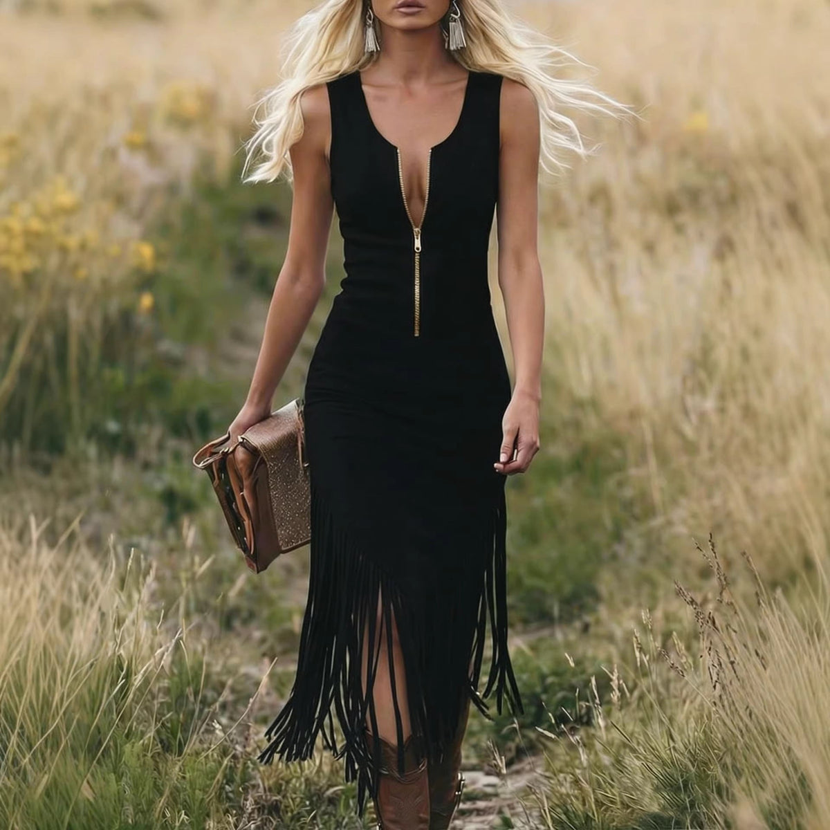 Fiorella |Abito midi in camoscio con frange: Western chic incontra un tocco moderno