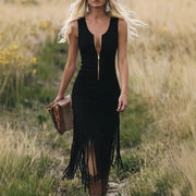 Fiorella |Abito midi in camoscio con frange: Western chic incontra un tocco moderno