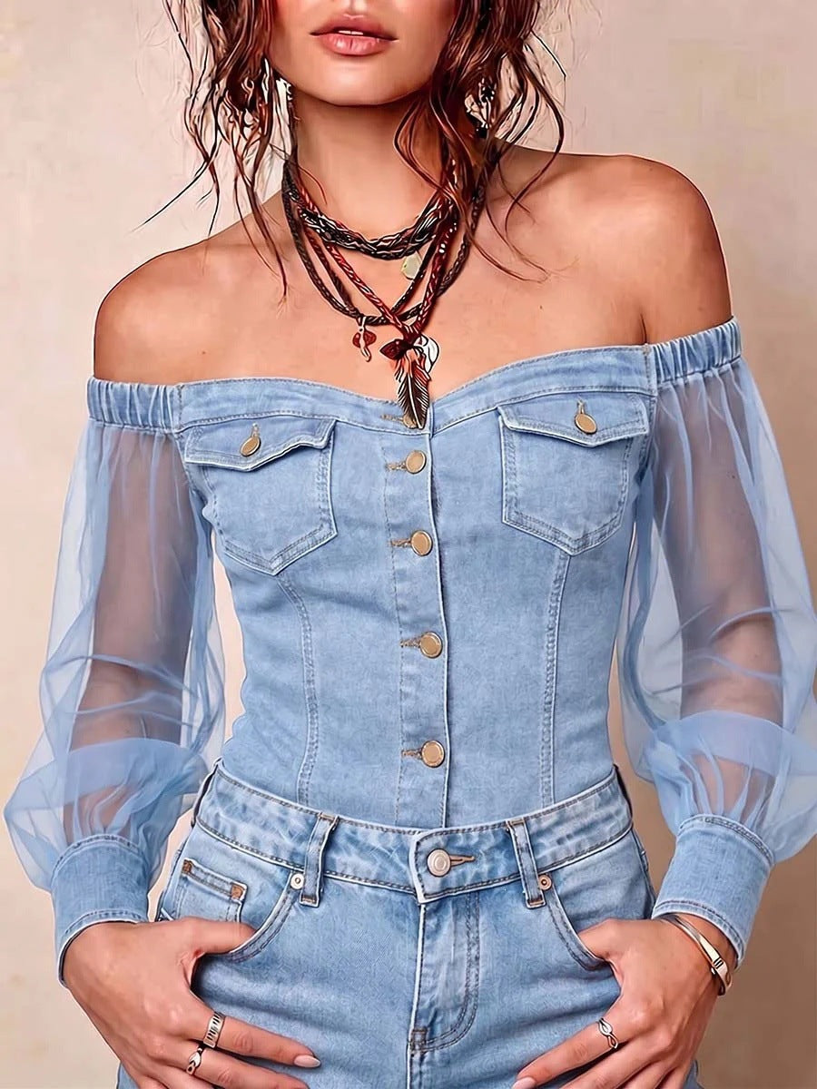 Top con spalle scoperte e maniche in rete denim