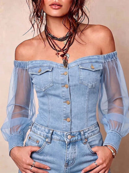 Top con spalle scoperte e maniche in rete denim
