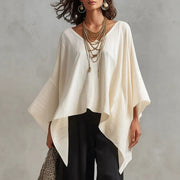 Top da donna in cotone-lino con scollo a V, maniche 3/4, taglio ampio e informale