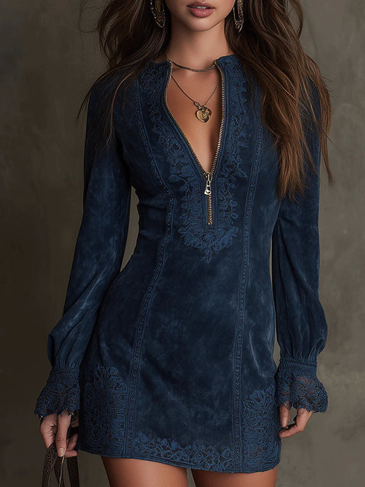 Azulena ❘ Vestido mini vintage de ante con encaje