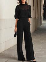 Valentina - Set da tre pezzi nero, composto da top camisole trasparente e pantaloni a gamba larga