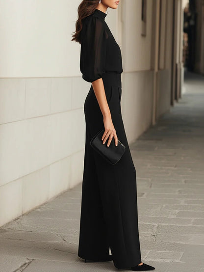 Valentina - Set da tre pezzi nero, composto da top camisole trasparente e pantaloni a gamba larga