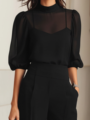 Valentina - Set da tre pezzi nero, composto da top camisole trasparente e pantaloni a gamba larga
