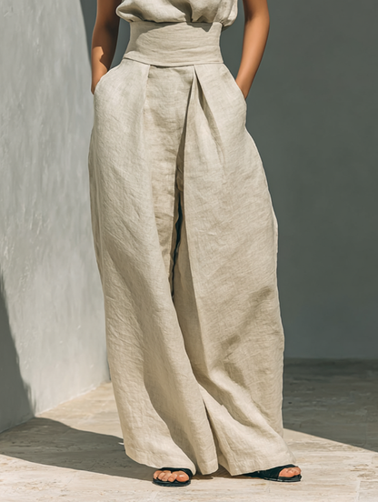 Aurora - Set composto da top senza maniche beige in misto cotone-lino finto e pantaloni a gamba larga