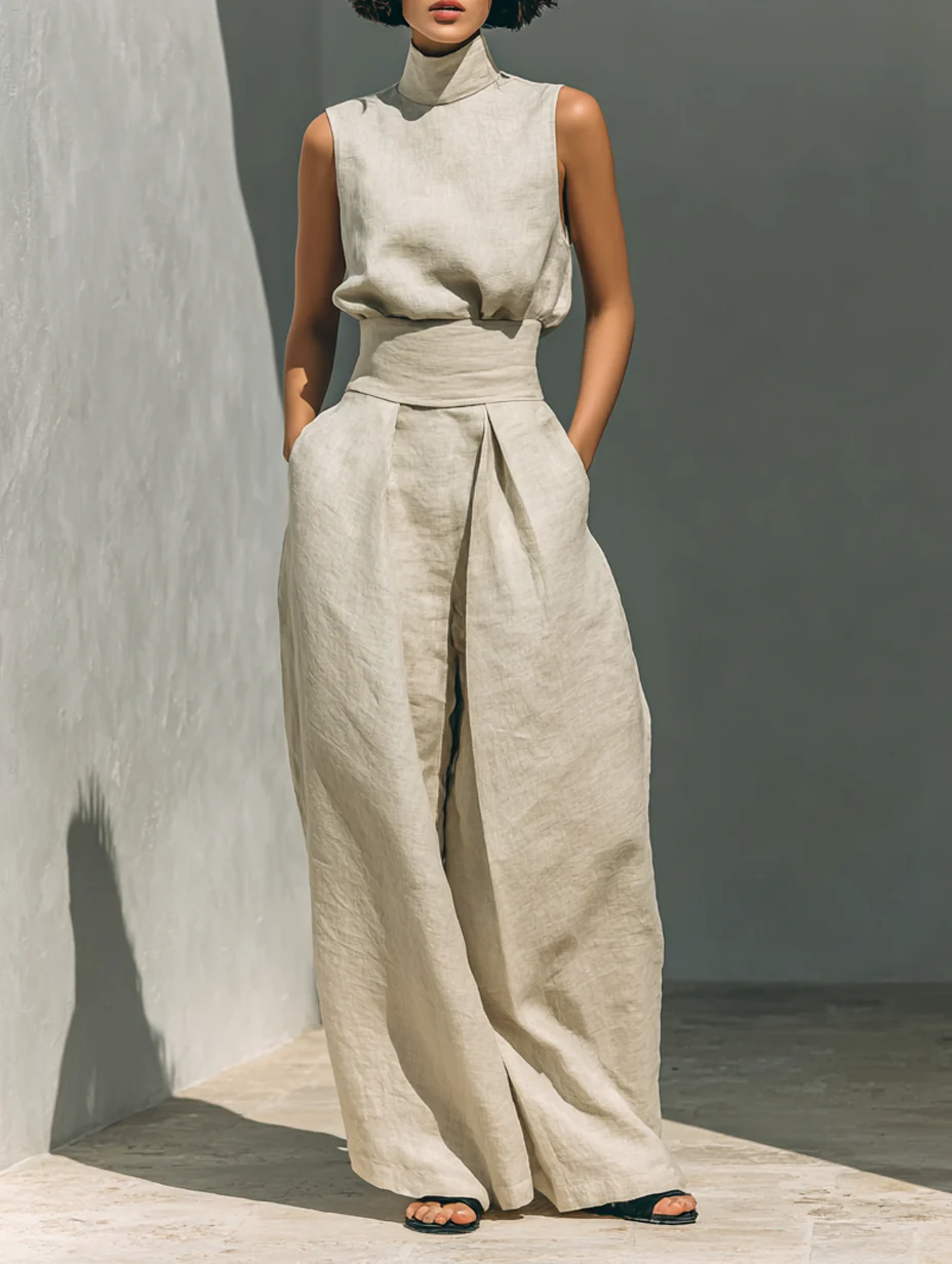 Aurora - Set composto da top senza maniche beige in misto cotone-lino finto e pantaloni a gamba larga