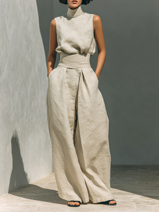 Aurora - Set composto da top senza maniche beige in misto cotone-lino finto e pantaloni a gamba larga