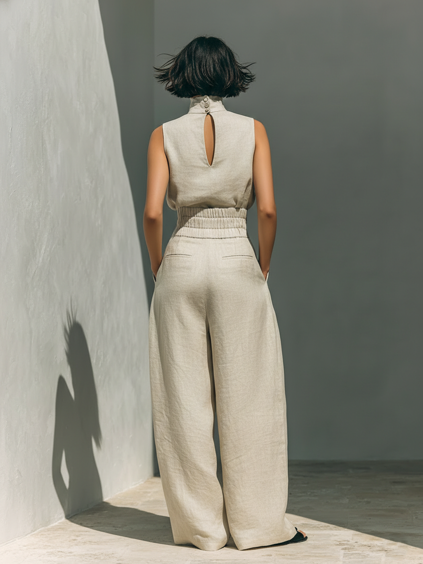Aurora - Set composto da top senza maniche beige in misto cotone-lino finto e pantaloni a gamba larga