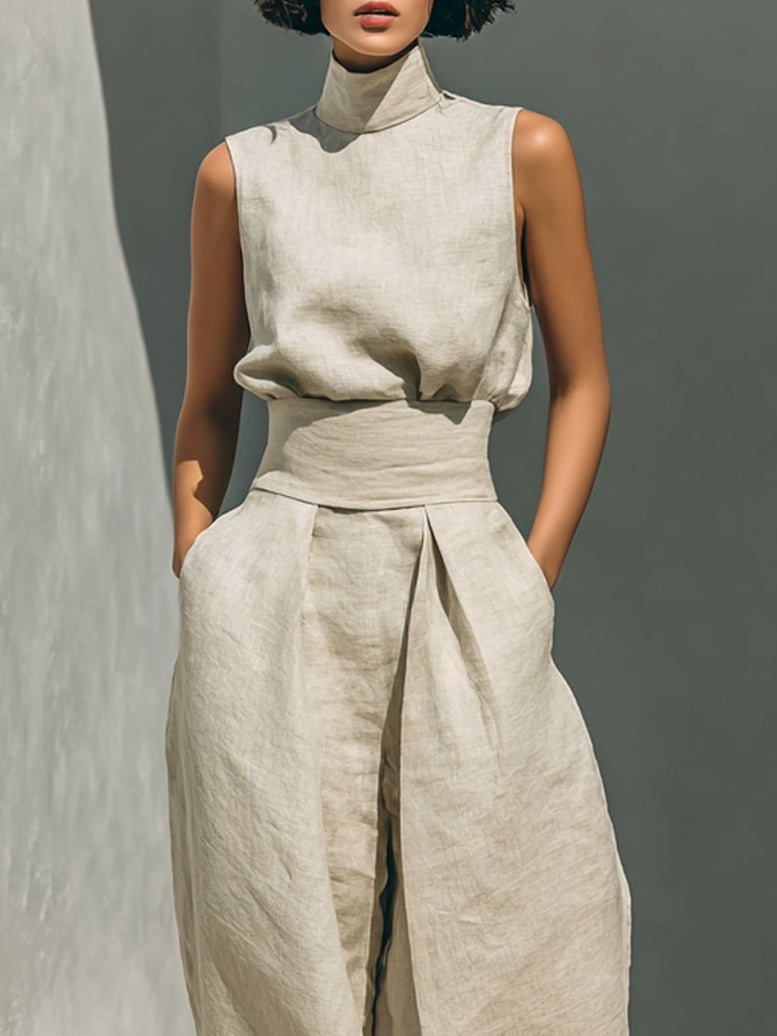 Aurora - Set composto da top senza maniche beige in misto cotone-lino finto e pantaloni a gamba larga