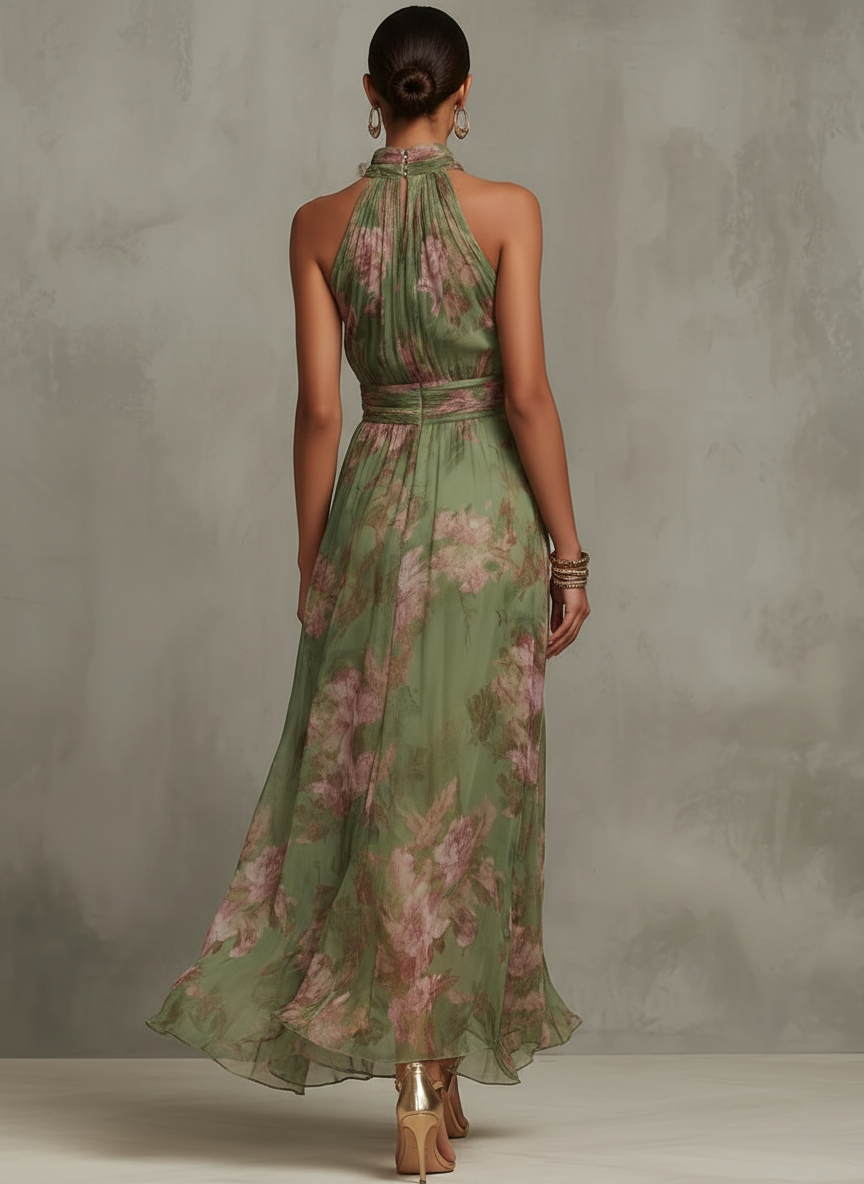 Sara | Vestido largo verde con estampado floral