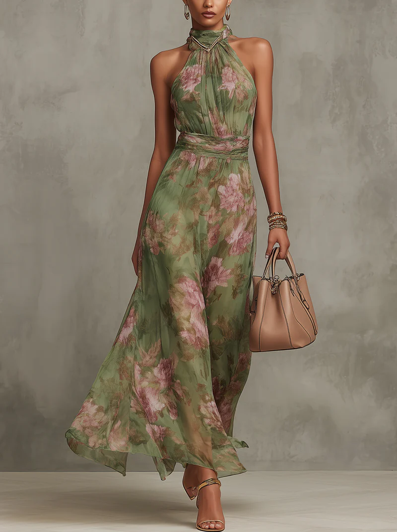 Sara | Vestido largo verde con estampado floral