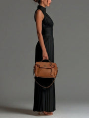 Vittoria · Tuta nera in chiffon con scollo a V, senza maniche, con zip, a pieghe, pantaloni a palazzo