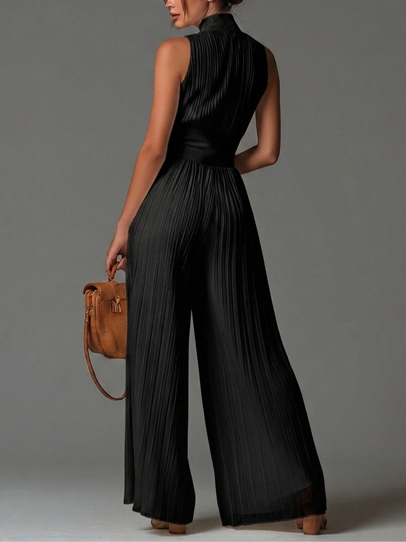 Vittoria | Tuta nera in chiffon con scollo a V, senza maniche, con zip, a pieghe, pantaloni a palazzo