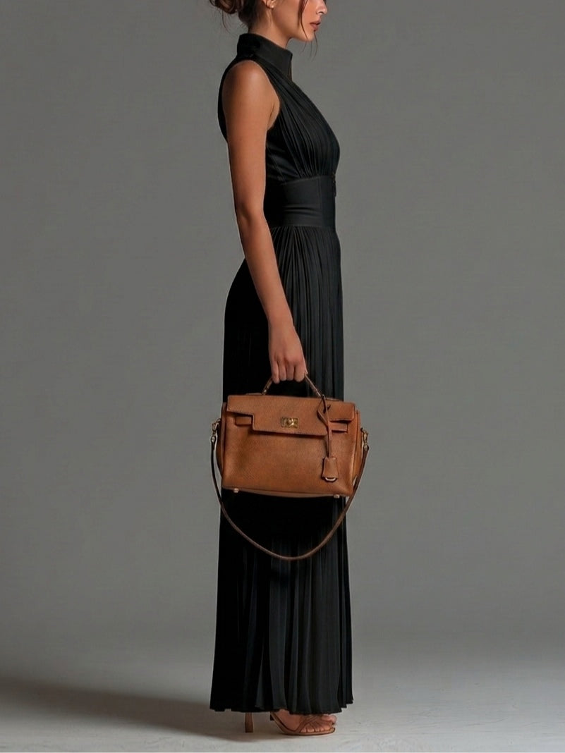 Vittoria | Tuta nera in chiffon con scollo a V, senza maniche, con zip, a pieghe, pantaloni a palazzo