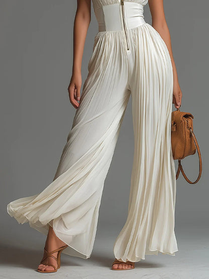 Vittoria · Tuta nera in chiffon con scollo a V, senza maniche, con zip, a pieghe, pantaloni a palazzo