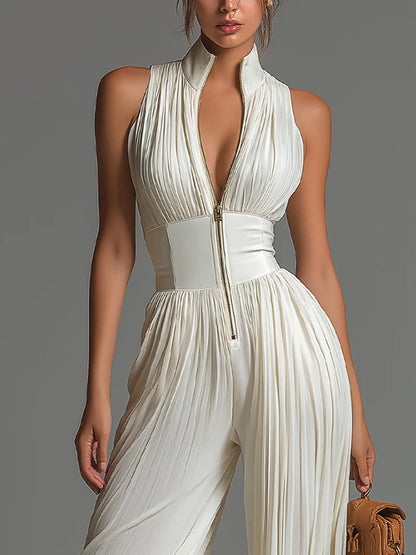 Vittoria | Tuta nera in chiffon con scollo a V, senza maniche, con zip, a pieghe, pantaloni a palazzo