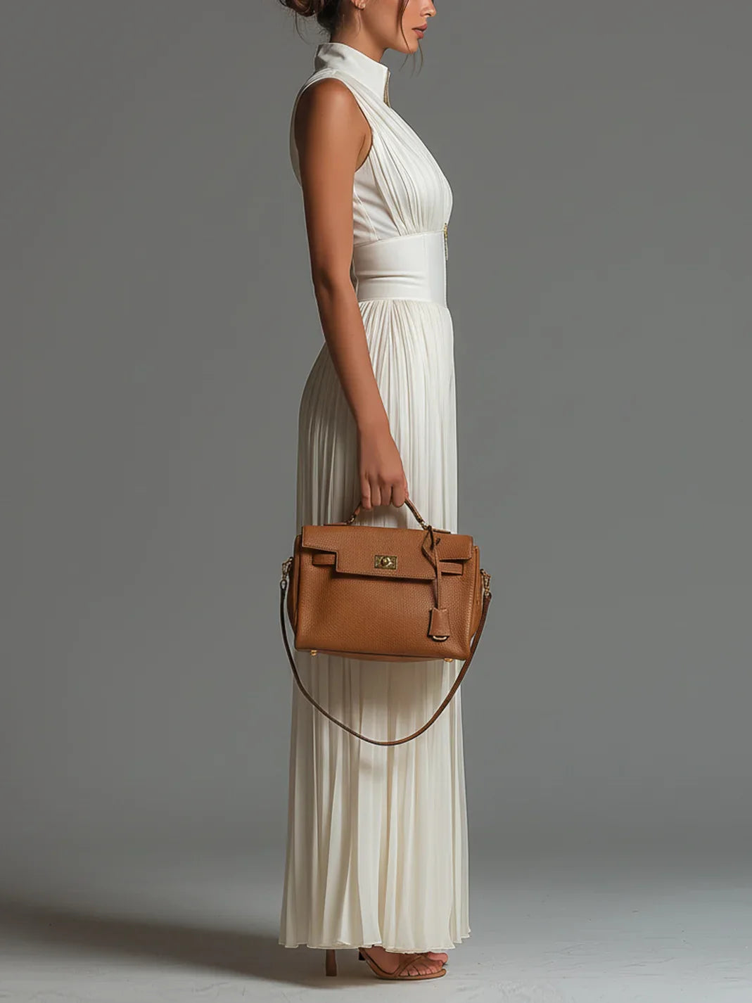Vittoria | Tuta nera in chiffon con scollo a V, senza maniche, con zip, a pieghe, pantaloni a palazzo