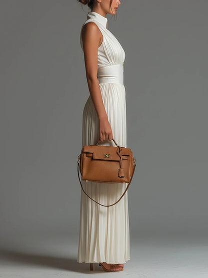 Vittoria | Tuta nera in chiffon con scollo a V, senza maniche, con zip, a pieghe, pantaloni a palazzo