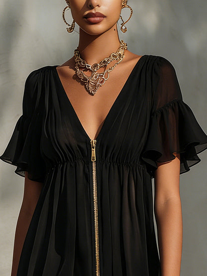 Alessia | Vestito mini nero con zip, scollo a V, rifinito in pizzo e con balze