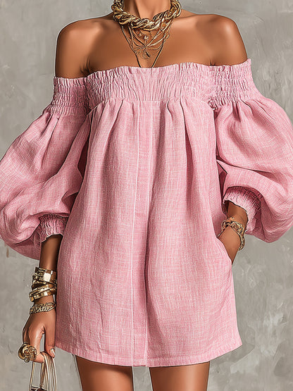 Alba | Vestito mini rosa con spalle scoperte, maniche a lanterna, taglio a-line, vestibilità ampia