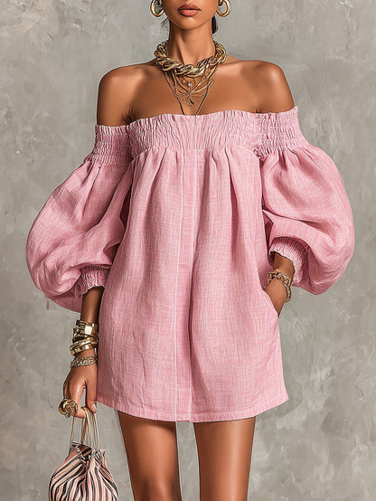 Alba | Vestito mini rosa con spalle scoperte, maniche a lanterna, taglio a-line, vestibilità ampia
