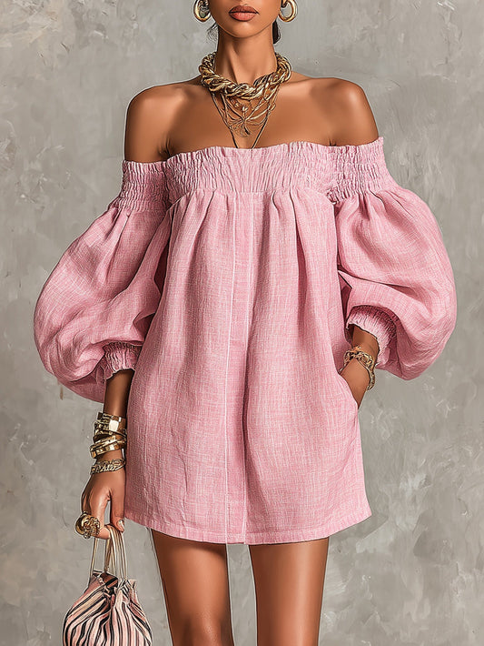 Alba | Vestito mini rosa con spalle scoperte, maniche a lanterna, taglio a-line, vestibilità ampia