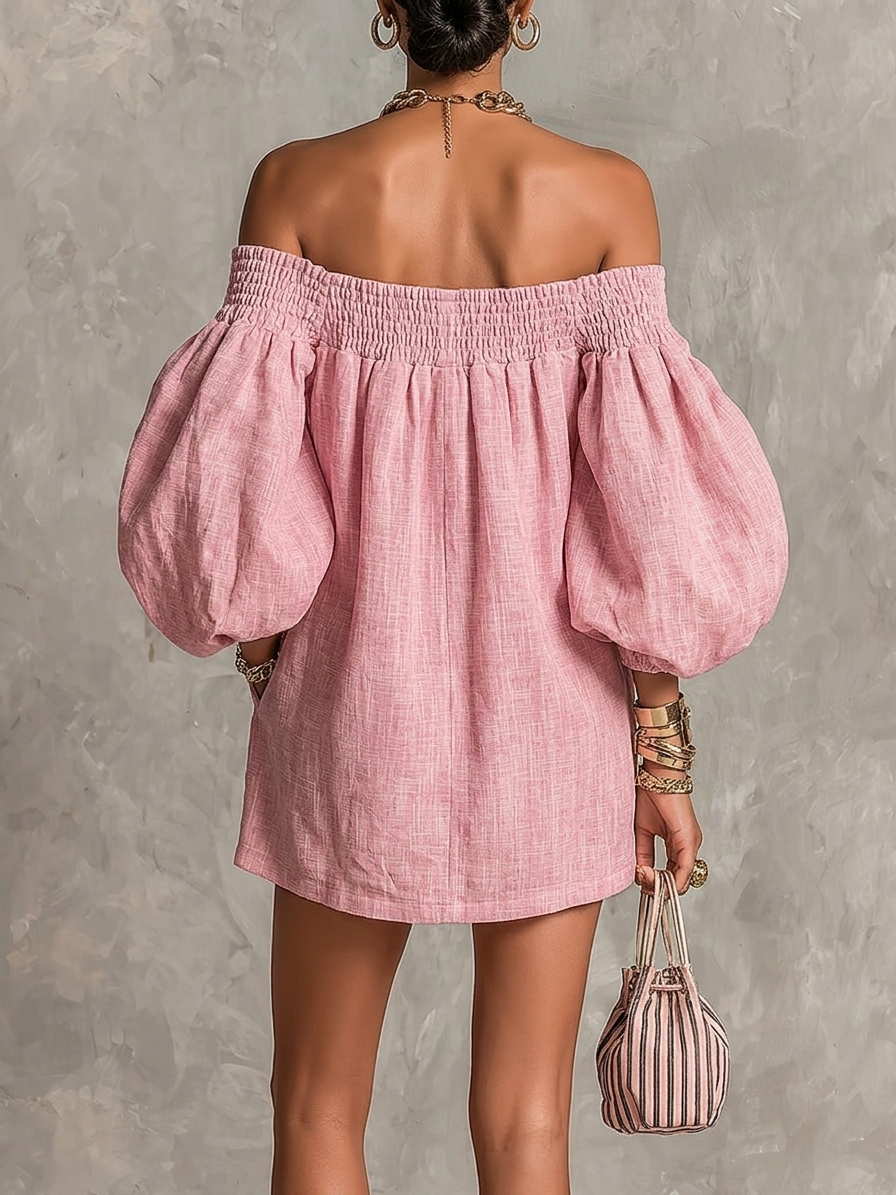 Alba | Vestito mini rosa con spalle scoperte, maniche a lanterna, taglio a-line, vestibilità ampia