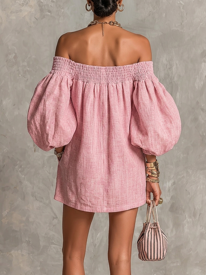 Alba | Vestito mini rosa con spalle scoperte, maniche a lanterna, taglio a-line, vestibilità ampia