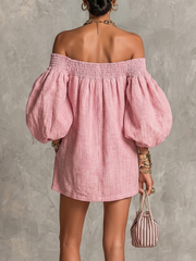 Alba - Vestito mini rosa con spalle scoperte, maniche a lanterna, taglio a-line, vestibilità ampia