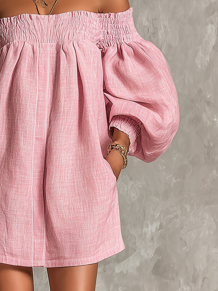 Alba | Vestito mini rosa con spalle scoperte, maniche a lanterna, taglio a-line, vestibilità ampia