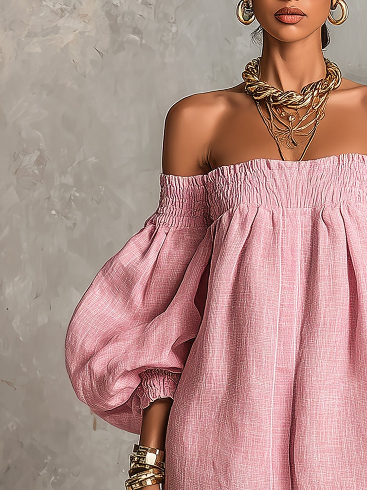Alba | Vestito mini rosa con spalle scoperte, maniche a lanterna, taglio a-line, vestibilità ampia