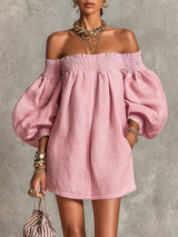 Alba - Vestito mini rosa con spalle scoperte, maniche a lanterna, taglio a-line, vestibilità ampia