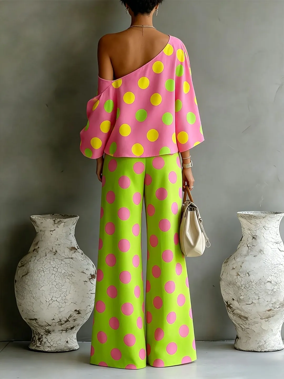 Rosalia | Conjunto de dos piezas con blusa de hombros descubiertos con lunares de colores y pantalones de pierna ancha