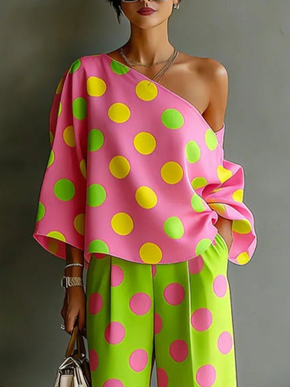 Rosalia | Conjunto de dos piezas con blusa de hombros descubiertos con lunares de colores y pantalones de pierna ancha